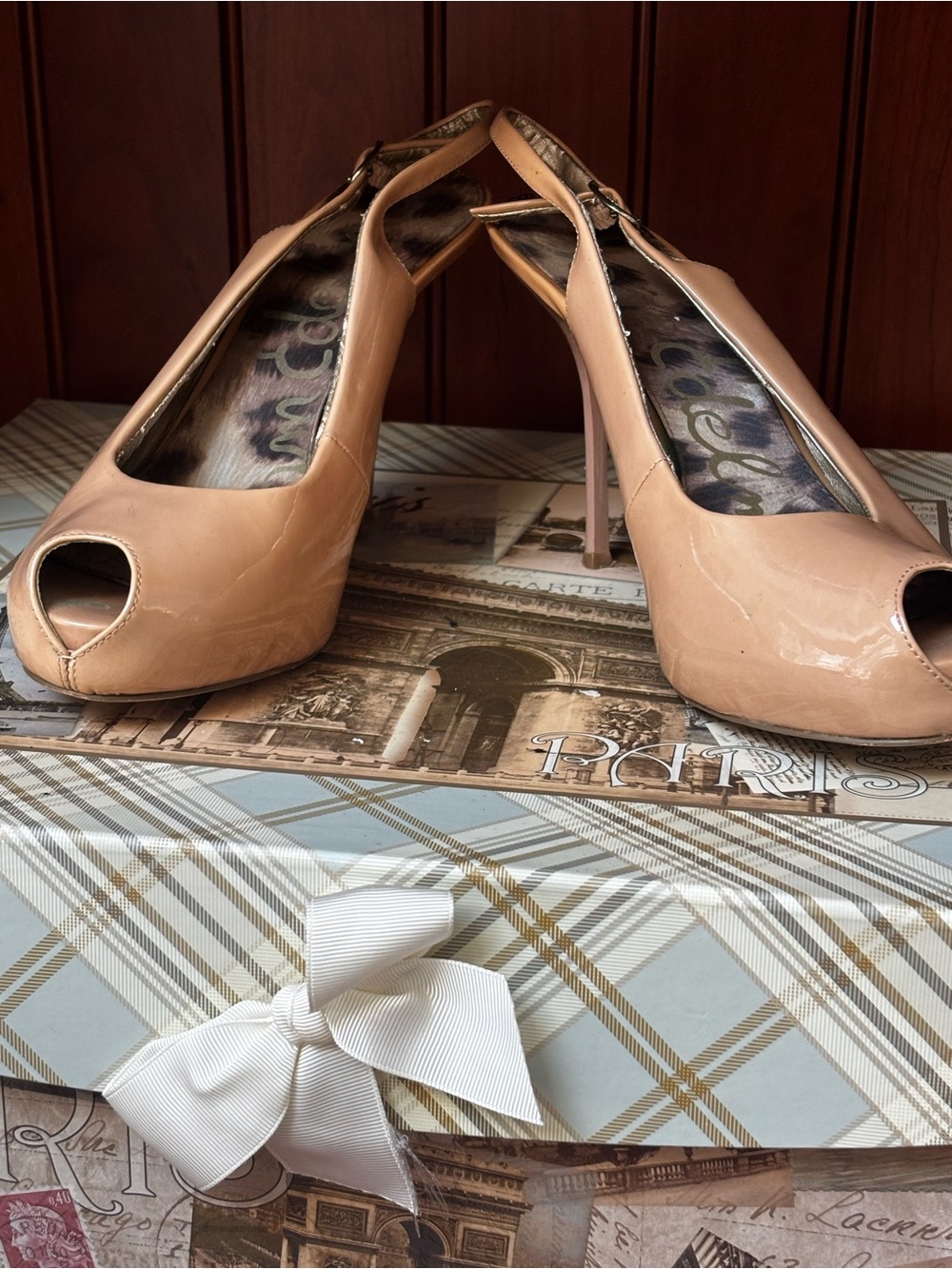Sam Edelman Evelyn Nude Patent Leather Slingback Peep Toe